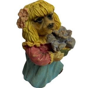 Multi Tan 3 1/2" Dog w Flowers in Blue Dress Figurine Preowned